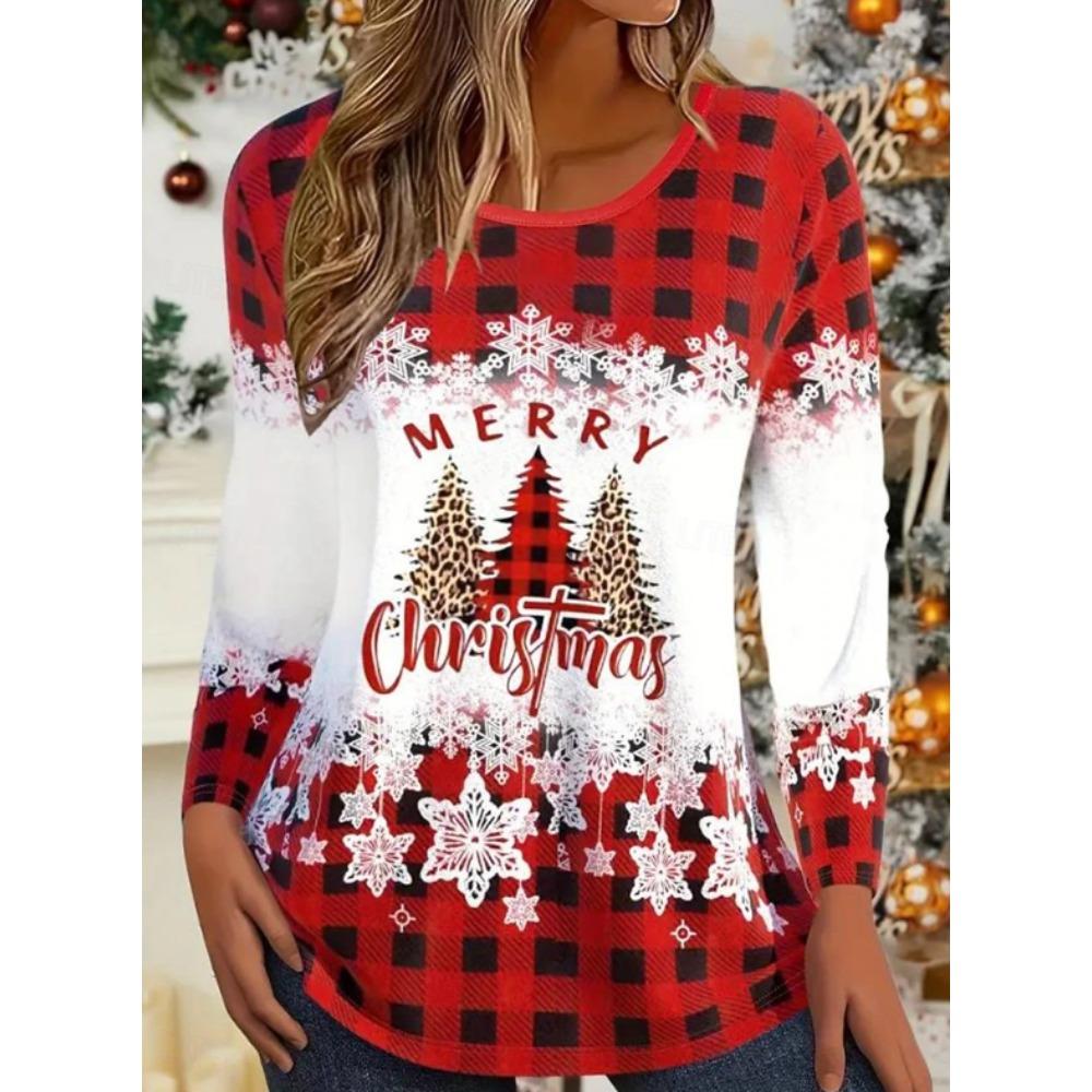 Tops for Women Christmas Pattern Round Neck Long Sleeve T-shirt Fall Casual Slim Pullover Women's Long Sleeve Top
