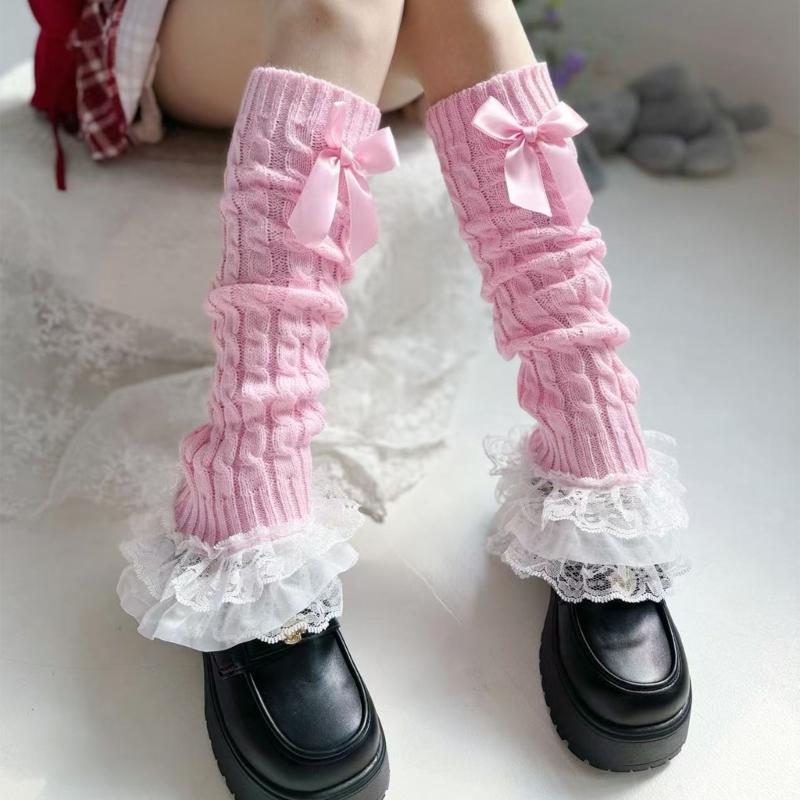 Cable Knit Leg Warmers Boot Cuffs with Bowknot Decorated Sweet Tiered Ruffled Lace Trim Leg Covers Calf Socks for Women