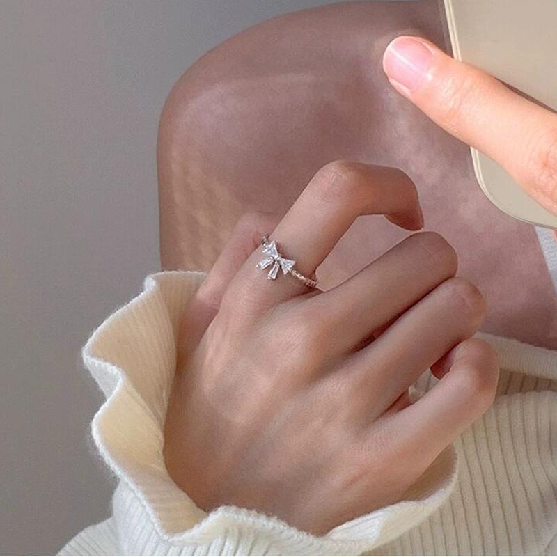 Bague ajustable en zircon brillant de style coréen pour femmes et filles, anneau romantique avec nœud papillon, bijoux simples à offrir