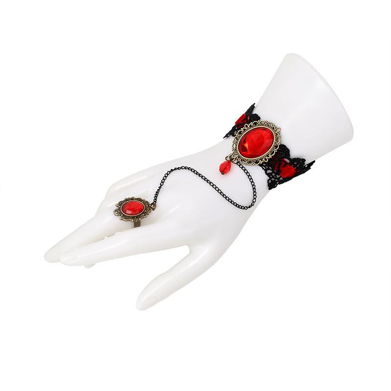 Nueva y elegante pulsera de encaje estilo gótico con rosa roja y anillo ajustable.