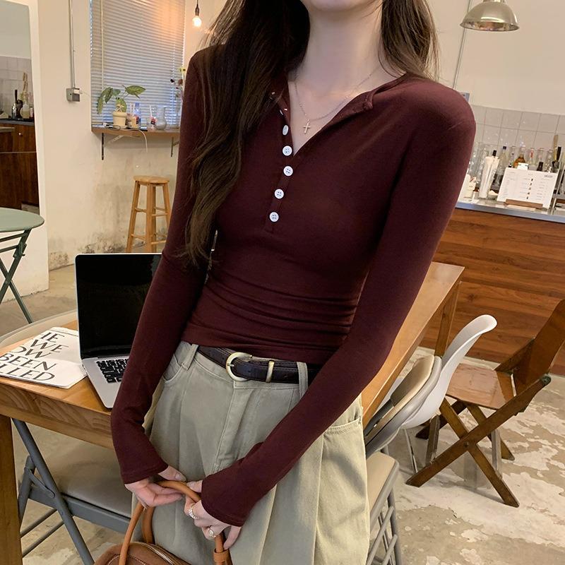 Spring tight and thin button-up half-breasted long-sleeved T-shirt women's inner bottoming shirt temperament sweet and spicy style top