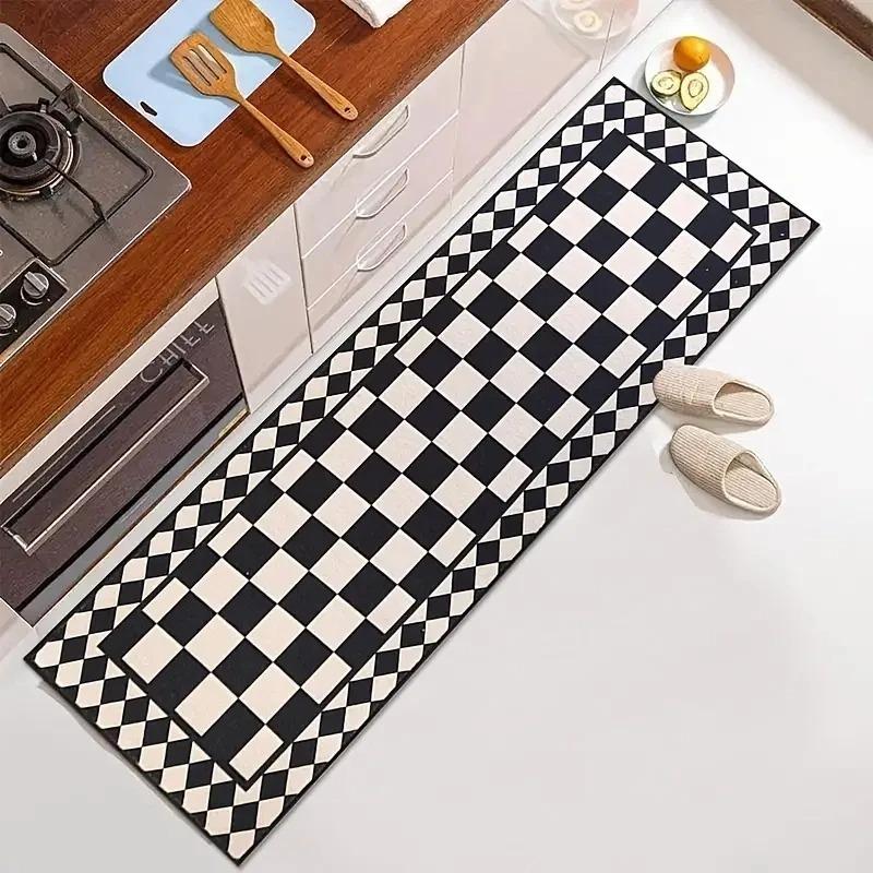 Kitchen Floor Mat PVC Leather Waterproof Non-slip Oil-proof Long Carpet Strip Plaid Stripe Home Decoration Foot Mats