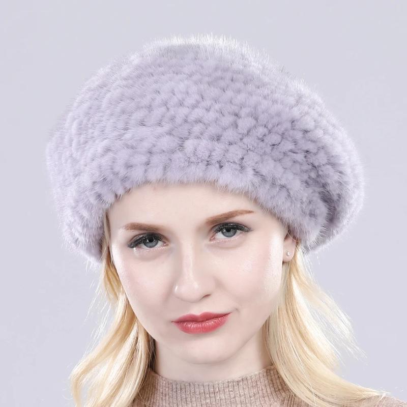 New Winter Lady Natural Mink Fur Beanies Hat Knit Warm Striped Genuine Mink Fur Caps Women Good Elastic Real Mink Fur Hat