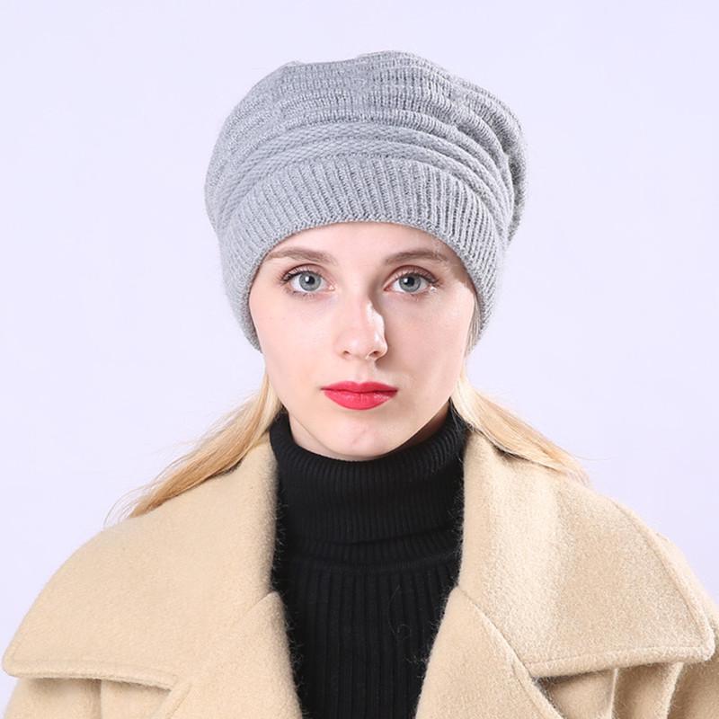 Women's Autumn and Winter Plus Velvet Thick Knitted Warm Beret Jacquard Striped Knitted Cute Hat