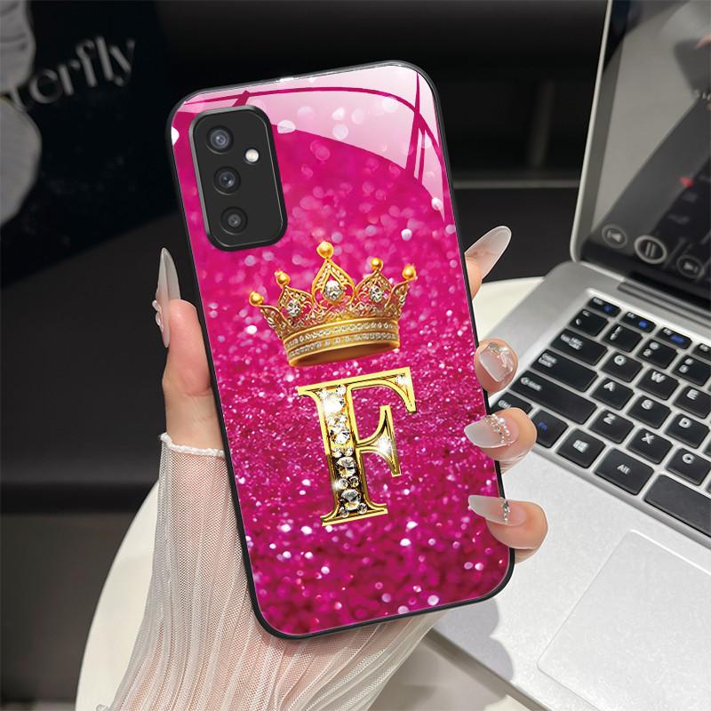 For Samsung M52 5G Case Galaxy M14 SM-M526B SM-M146B Phone Case ShockProof Fashion Initial Letter Hard Tempered Glass Back Cover