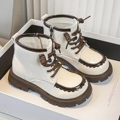 Girls' Britain Style Leather Boots Kids Black Round-toe Thick Sole Retro 2024 Spring and Autumn New Children's Short Boots Chic