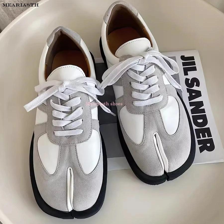 Femei Pantofi Tabi din piele neagră lucioasă de primăvară Toc gros Pantofi joasă Bărbați mărimea 46 cu șireturi Casual alb pantof cuplu sport nou