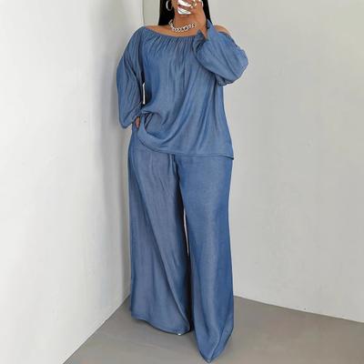 2 Piece Outfit for Women Off Shoulder Long Sleeve Top High Waisted Wide Leg Pants Set Casual Plus Size Going Out Lounge Set