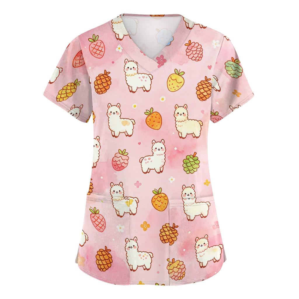 Women's V Neck Short Sleeve Work Shirt with Pockets Animal Print Top Medical Uniform Scrub Tee for Healthcare Professionals
