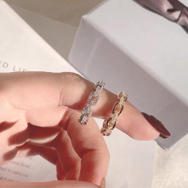 Hejia Sterling Silver Pig Nose Chain Ring: Women's Simple Versatile Japanese & Korean Style Stackable Diamond Interlocking Index Finger Ring