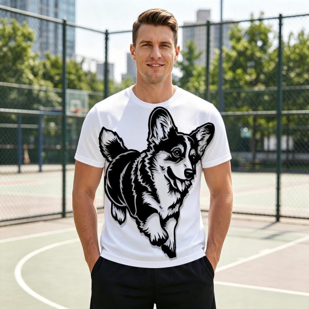 Men's Crew Neck 3D Print T-Shirt, Cute Corgi Dog Graphic Casual Short Sleeve Tee