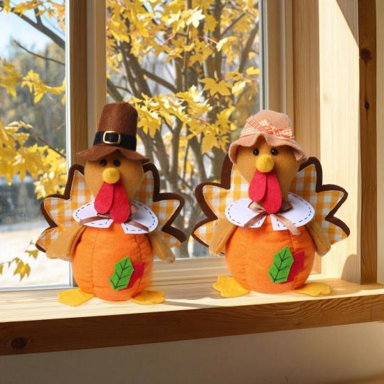Seasonal Indoor Ornament Thanksgiving Plush Turkey Doll, Stuffed Animal Figurine, Autumn Soft Plushie Harvest Tabletop Decoration for Home Desktop