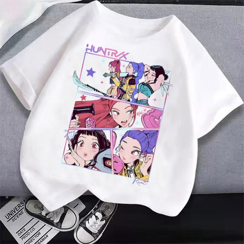 Summer Pure Cotton KPop Demon Hunters TShirt Kids Cartoon Anime Meme Print Clothes Round Neck Basic Boys Tops Casual Shirts