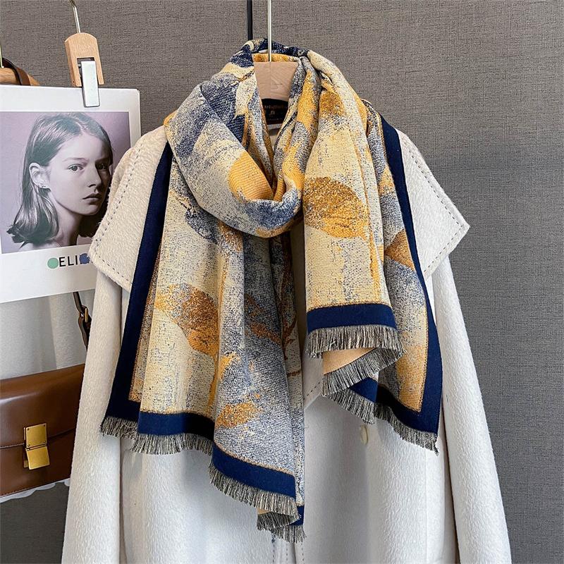 Leaf Luxury Winter Women Scarf Imitation Cashmere Thicken Warm Shawl Pashmina Scarves Female Wrap Blanket Ladies