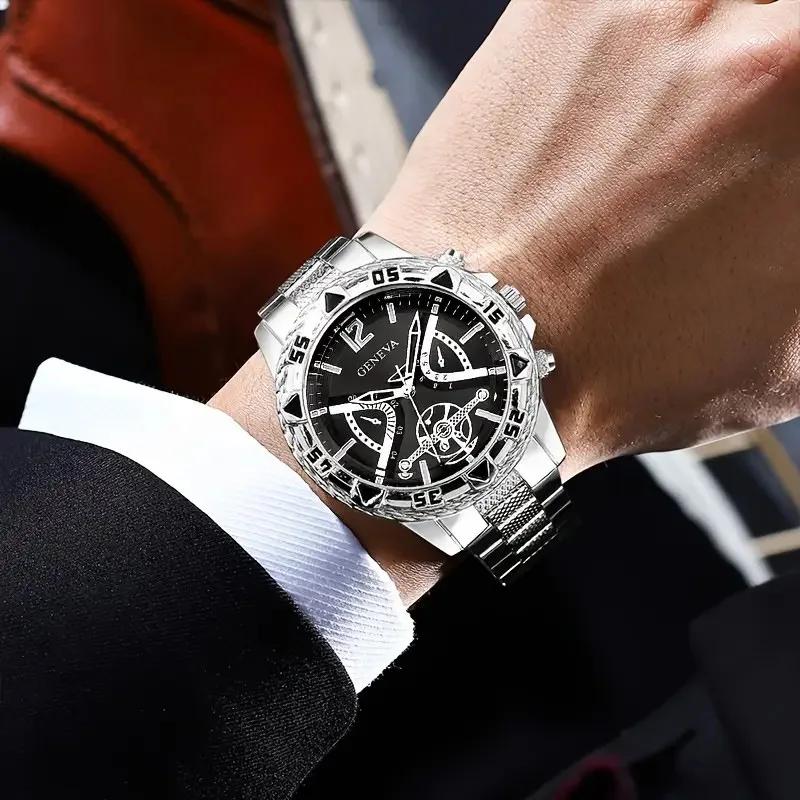Luxury Men's Quartz Watch Classic Business Men Wristwatch Large Dial Alloy Steel Strip Blue Light Three Eye Men's Quartz Watch