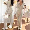 Women's Grey Hooded Zip Front Jumpsuit with Flare Leg