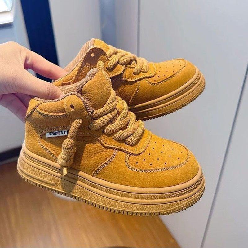 

Pure Cowhide Kids High-Top Yellow Boots 2025: Soft, Breathable, Trendy Sneakers for Boys and Girls Size 24, Insole 15cm