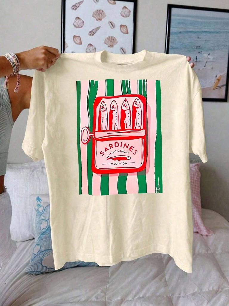 Summer Men'S T-Shirt Sardine Printed Cotton T-Shirt Round Neck Breathable Material Short Sleeve Casual Fashion Men'S Top Tee