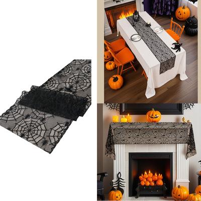 Halloween Black Lace Polyester Tablecloth for Party Decorations Fabric Easy To Cleaning Foldable Designs