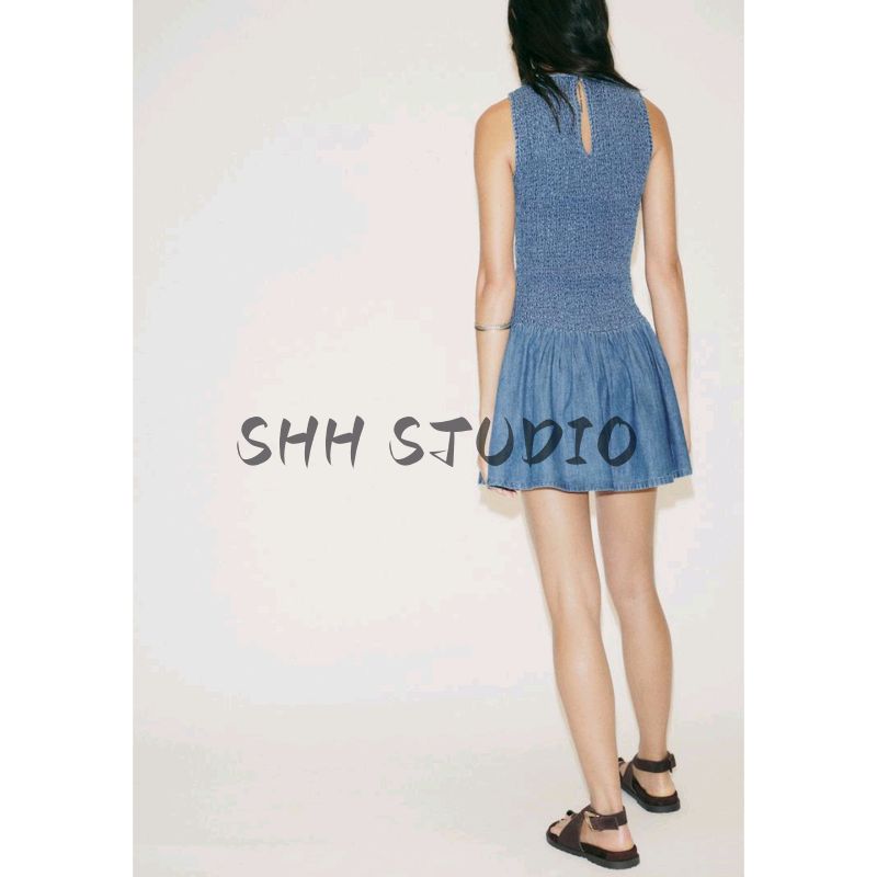 Summer Women clothes Casual Style Back Slit Design Honeycomb Grid Sleeveless round Neck Short Dress 4365280