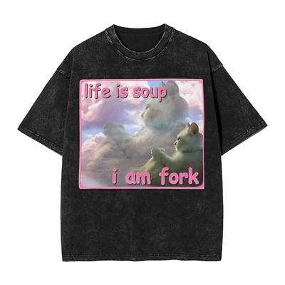 Life Is Soup L Am Fork T-Shirt Sommer Lustig Katze Meme Y2K Basic T-Shirts Lässiges T-Shirt für Herren Kurzarm Print T-Shirts