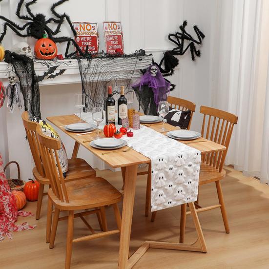 Ghost Pattern Table Runner Plush Faux Fur Jacquard Table Flag Halloween Decoration Halloween Party Supplies