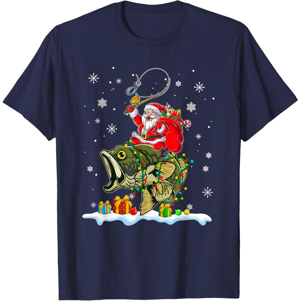 Christmas Bass Fishing Funny Santa Fish Fishermen TShirt Summer Fashion Summer Style Cotton Short Sleeve Oversized Tshirt Tops