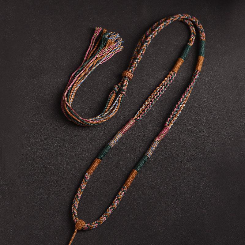 Tibetan Thangka Hand-Woven Cotton Necklace with Amber Amulet Pendant