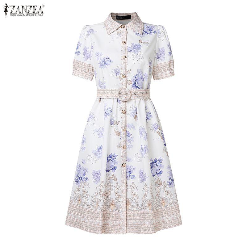 ZANZEA Women Turn Down Collar Summer Short Sleeve Casual Print Dress