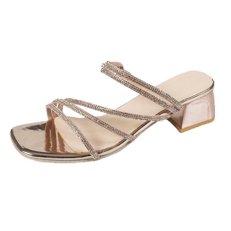 Rhinestone sandals women's thick heel new summer versatile gentle wind with skirt high heels women