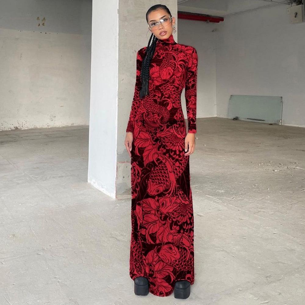 

LYRIA Женское платье макси с сетчатым принтом, водолазка, длинный рукав, облегающее, трендовое, для хипстеров, уличный стиль, для вечеринки, Y2K XXL красный