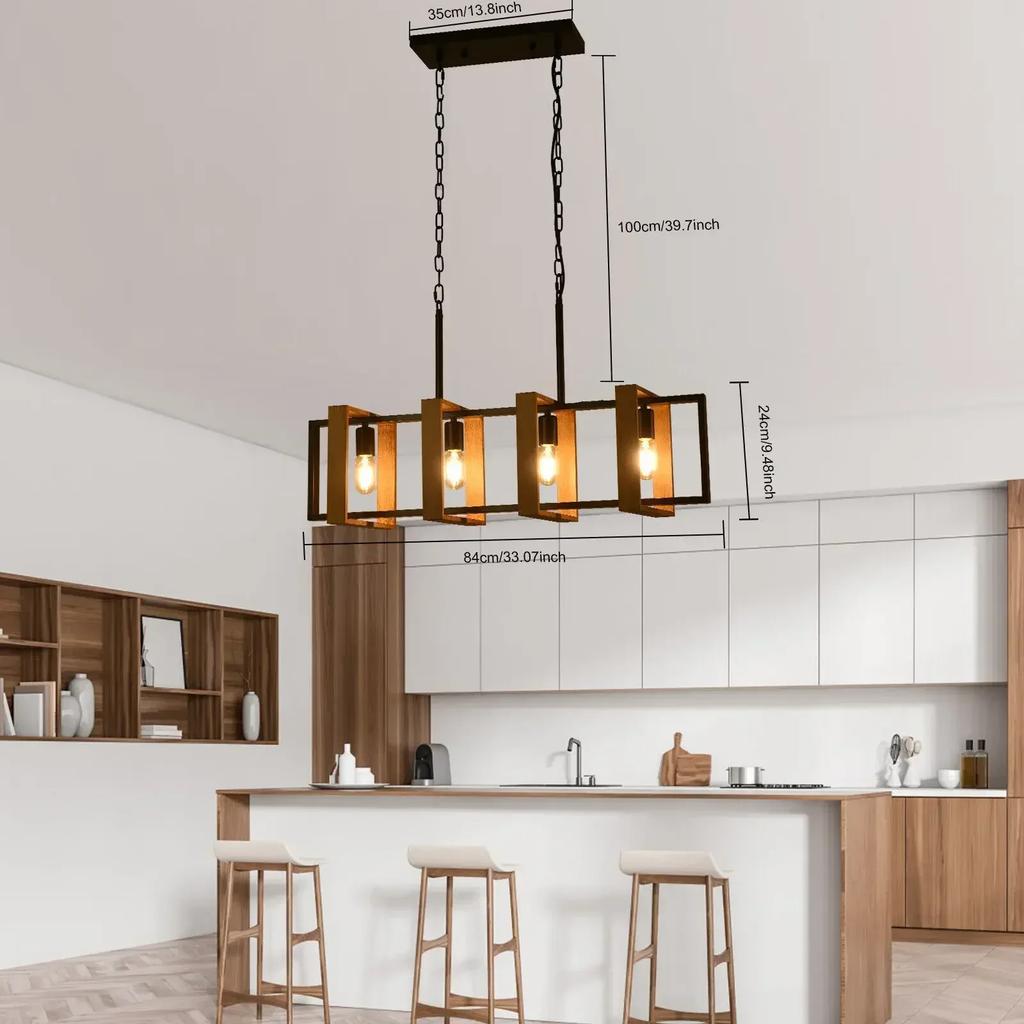Rustic 4-Light Wood Pendant Chandelier – Farmhouse Ceiling Lamp for Dining, Island, & Living Room