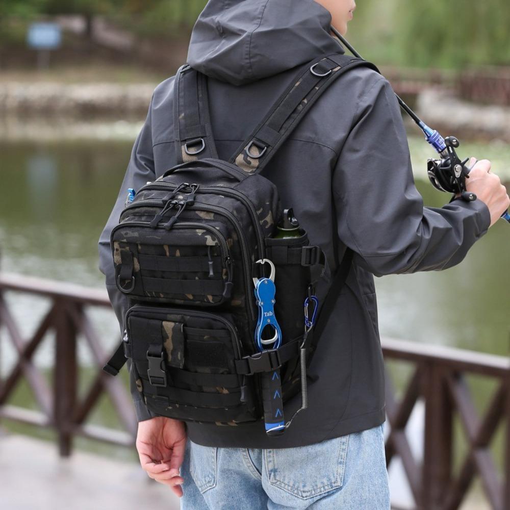 Large Capacity Fishing Tackle Storage Bag Water Bottle Holder Multiple Pockets Backpack Durable Material Casual Design