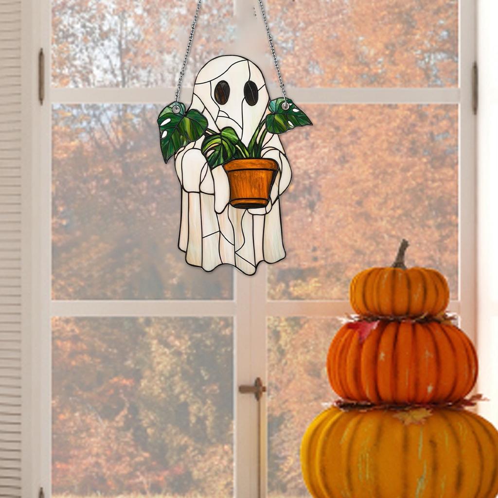 Halloween Ghost-Themed Painted Wooden Hanging Ornament