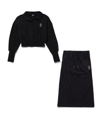 AWESOME STUDIO [Set] Collared Crop Sweatshirt Skirt Set Black