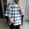 Men Summer T-shirt Striped Color Matching Half Sleeves Round Neck Loose Japanese Style Casual Daily Wear Teenager Streetwear Spring Top