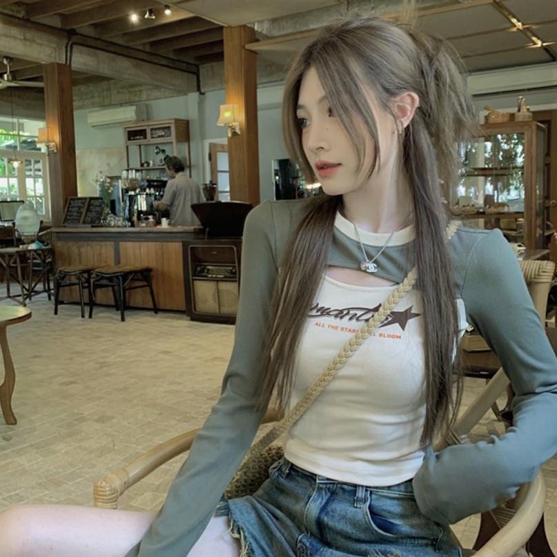 Tricouri cu mânecă lungă pentru femei sexy, Topuri Y2K pentru fete, pentru îmbrăcăminte de stradă, tricouri pentru doamnă, control cu ​​pulbere, tricouri casual, design cu litere, Topuri pentru femei, hollowout