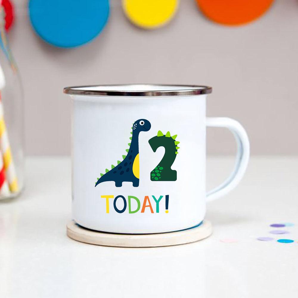 Number 1-9 Boys Dinosaur Enamel Mugs Creative Cartoon Animal Kids Dessert Juice Cola Cups Kindergarten Baby Child Birthday Gifts