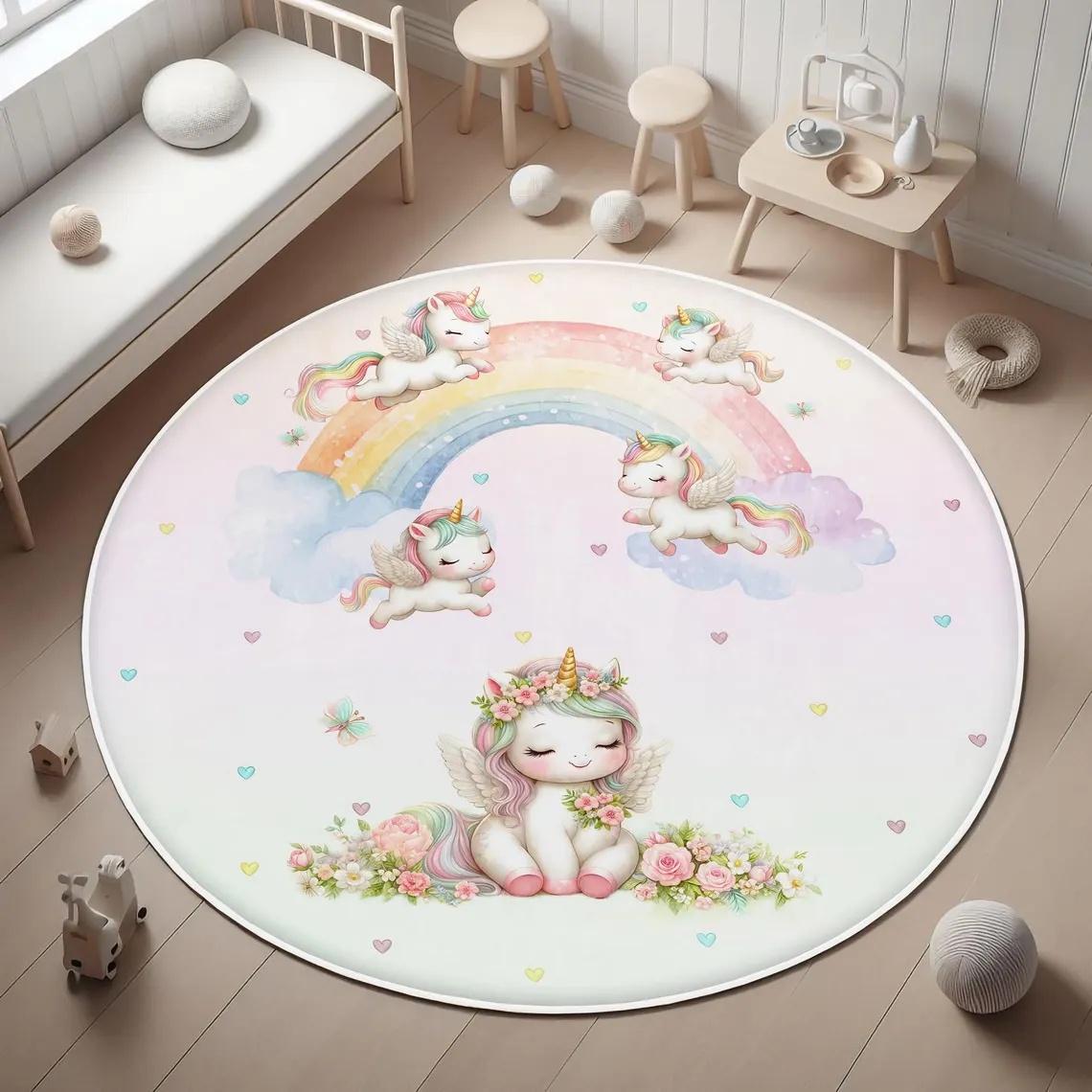 Pastel Regenboog Schattig Dier Rond Vloerkleed Collectie voor Babykamer Speelkamer Waterverf Kinderen-thema Antislip Vloermat 40X40CM