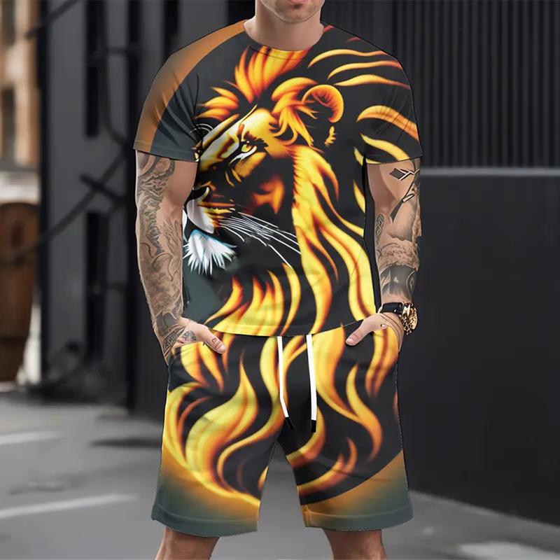 Men's Casual Sports Suit Printed 3D Fierce Wolf Pattern Suit, Summer Casual Breathable Suit