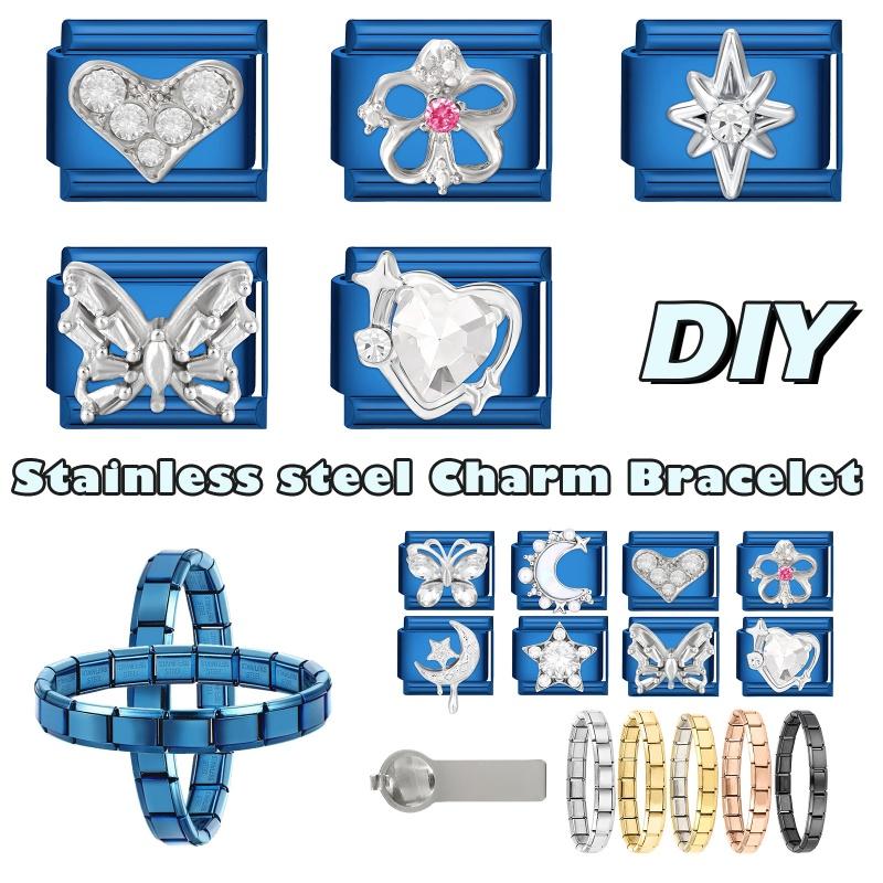 Fashion Zircon Heart Butterfly Moon Star Guitar Italian Charm Links Fit 9MM Stainless Steel Bracelet Jewelry Couple DIY Making