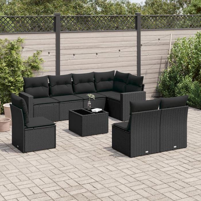 VidaXL Salon de jardin 9 pcs avec coussins noir résine tressée 3251412