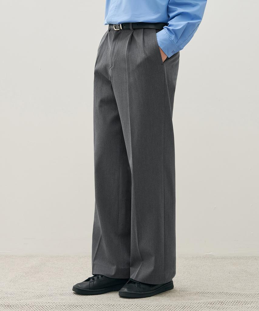 DRAW FIT Double-Pleated Elastic Wide Slacks [Grey]