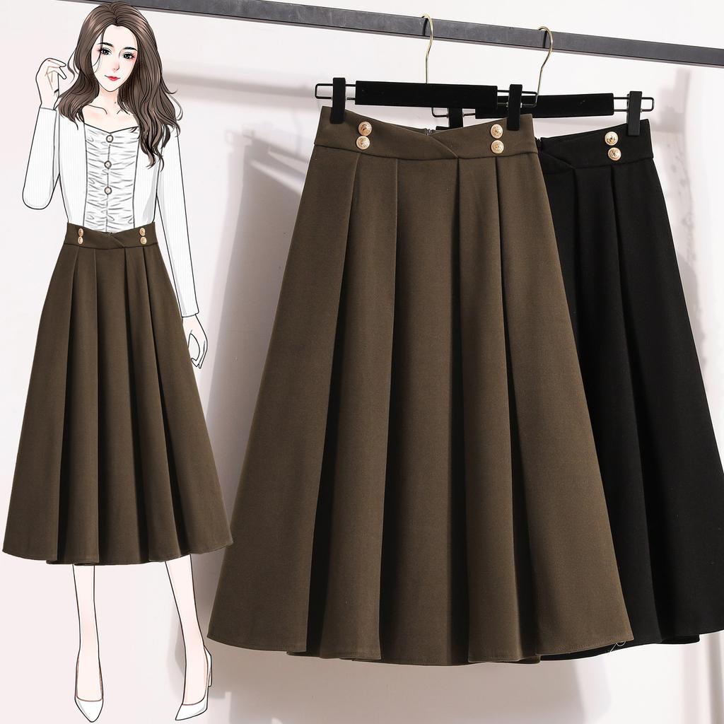 Large Size Womens Winter Style Draped Versatile Wool Umbrella Skirt Mid-length A-line Skirt To Make You Look Slim and High-waisted Skirt for Women