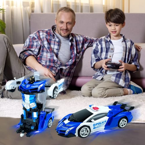 1/18 Scale Transforming RC Car, Robot Toy, Police Car, Stunt Car, Multifunctional, Transforms into a Robot, LED, 360-Degree Rotation, Remote Control,