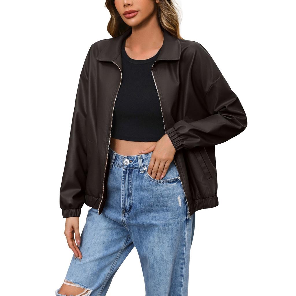 Ladies Fashion Casual Solid Color Outdoor Leather Jacket Short Coat