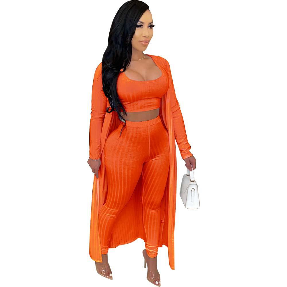 

Женский модный трикотажный костюм из 3 предметов для отдыха ( Длинное пальто + майка + свободные длинные брюки ) Зимняя модная одежда 3 шт. Костюм L оранжевый