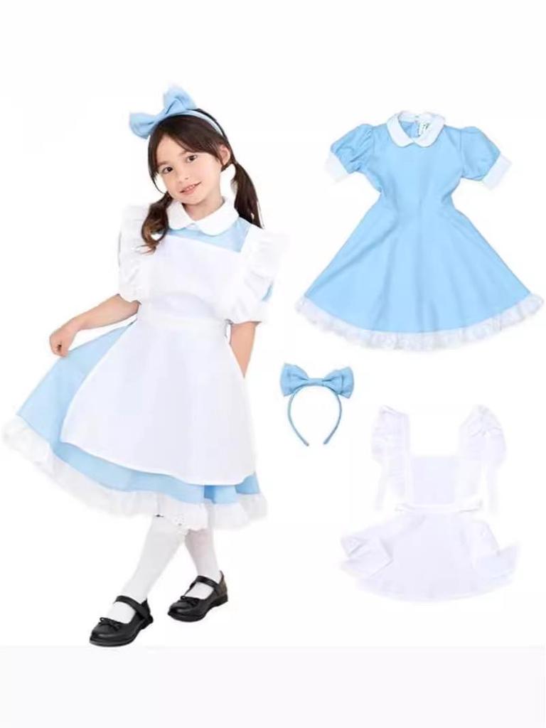 Alice In Wonderland Blue & White Maid Costume with Headband - Girls' Birthday Princess Dress