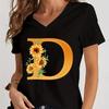 Women’s V-neck Graphic Shirts Orange A-Z Alphabet Sunflowers Short Sleeves  Harajuku Fashion Girl Casual Y2k Trend Tshirts Top