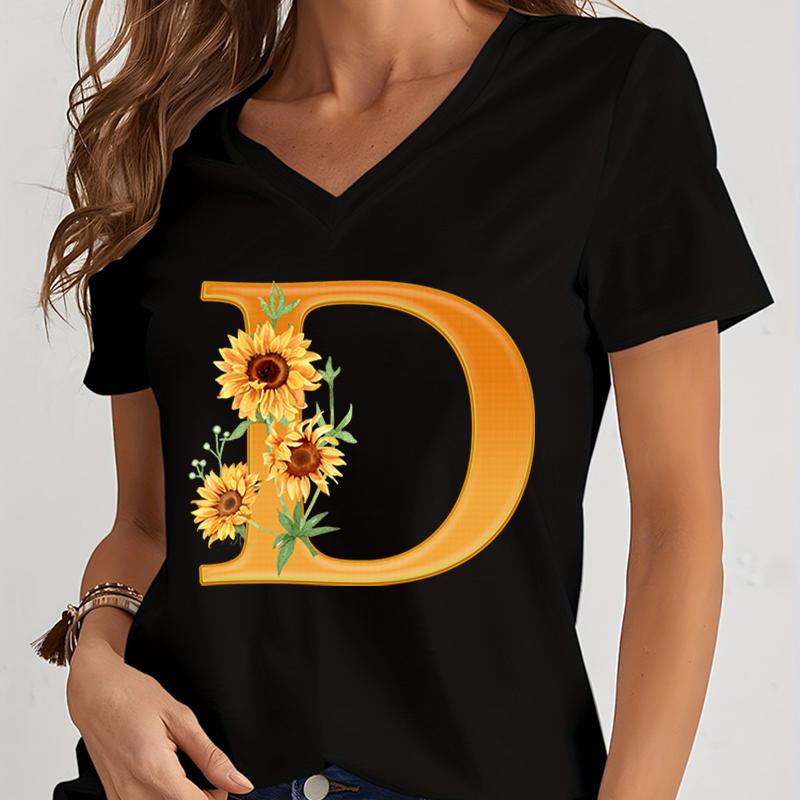 Women’s V-neck Graphic Shirts Orange A-Z Alphabet Sunflowers Short Sleeves Harajuku Fashion Girl Casual Y2k Trend Tshirts Top